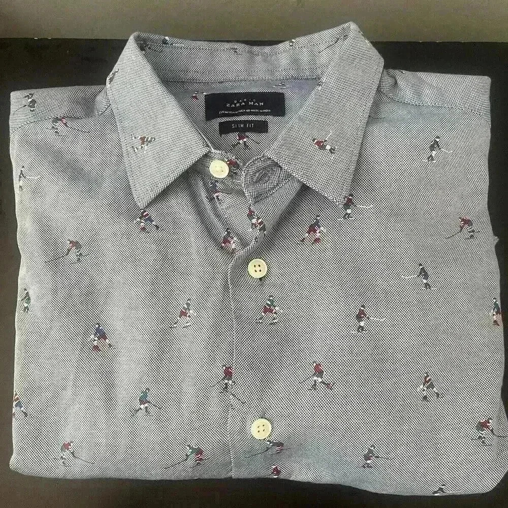 Zara Men’s Slim Fit Medium‎ Blue Button Down Shirt Long Sleeve Hockey Players
